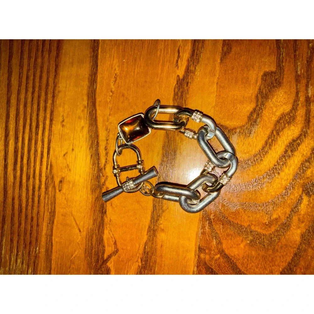 Kenneth Cole Mixed Metal Chain Link Bracelet Amber Stone Crystal Toggle 8.25in